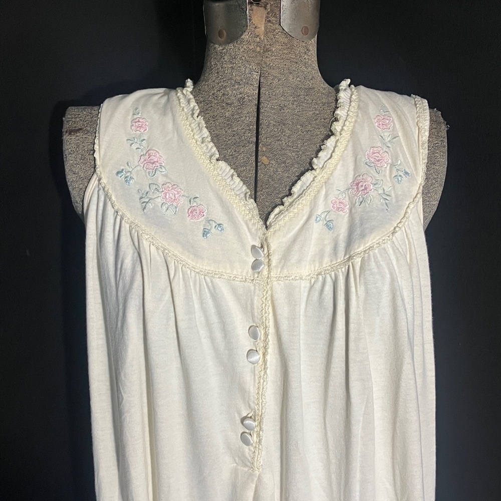 Vintage Handmade Floral Embroidered Cream Jersey Knit Nightgown with Silk Lining